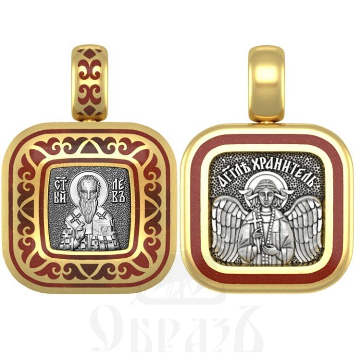 нательная икона святой преподобный лев катанский епископ, серебро 925 проба с золочением и эмалью (арт. 01.554)